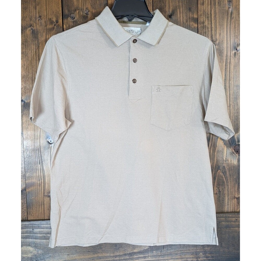 Grand Slam Mens M Tan Beige Short Sleeve Pocket Polo Shirt Penguin